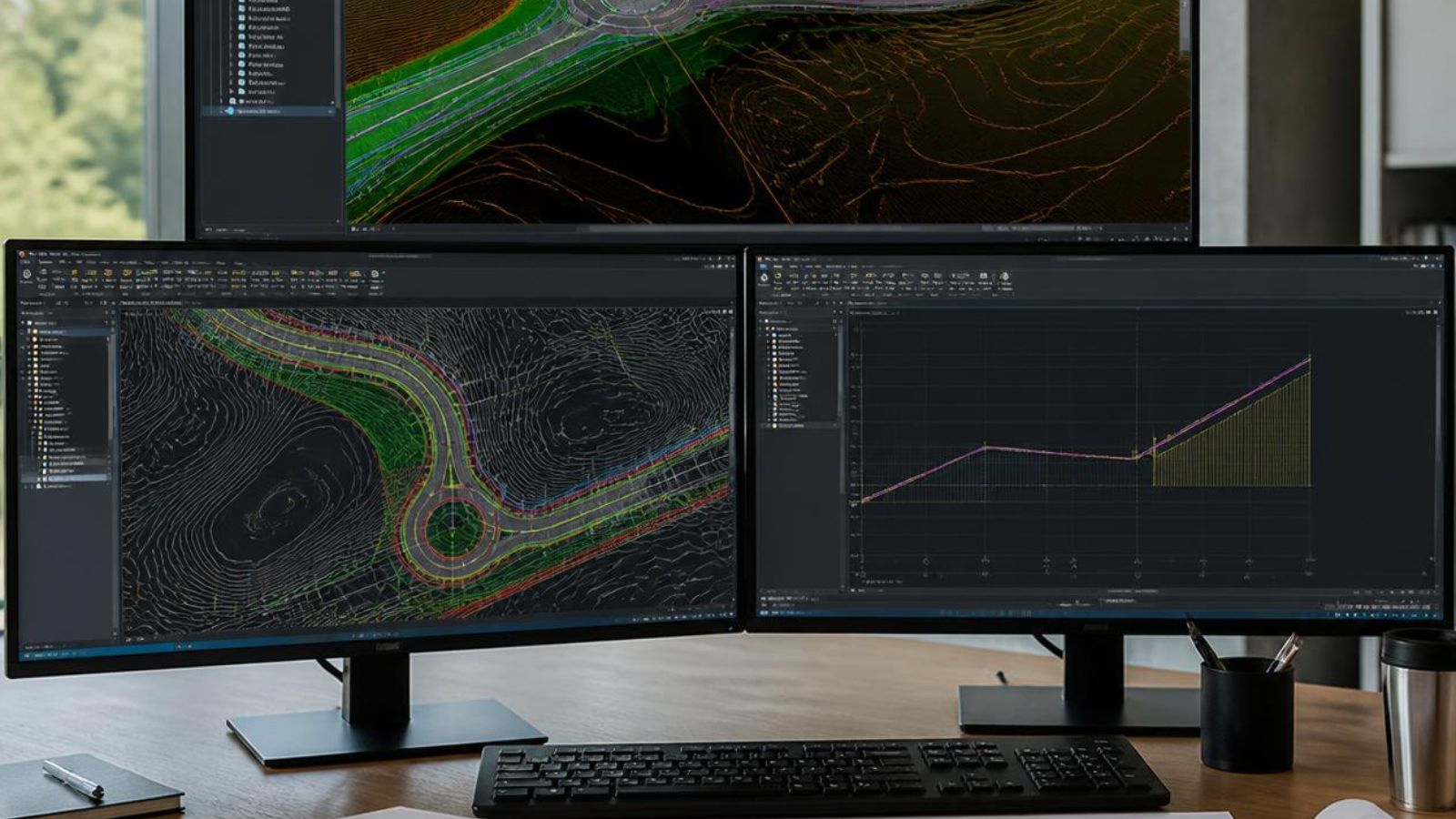 Civil 3D design workspace showing terrain models, grading plans, and infrastructure design workflows