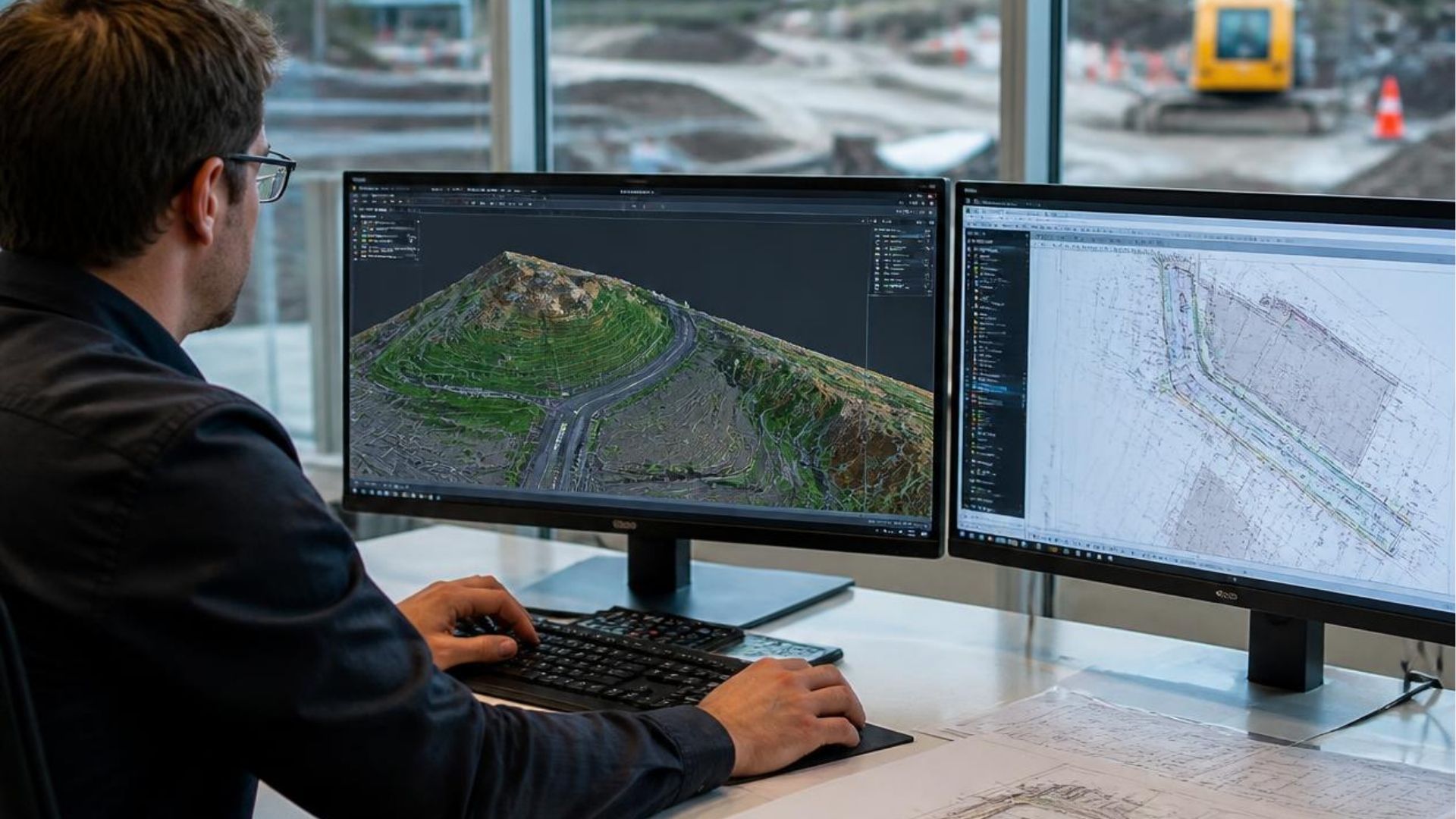 Civil engineering workflow showing survey data, Civil 3D modelling, and construction documentation